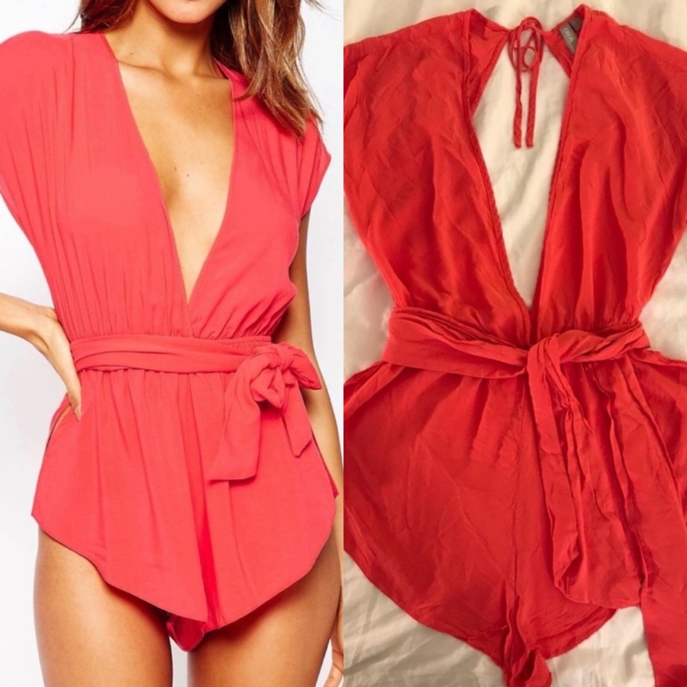 EUC ASOS coral pink beach romper with removable tie
